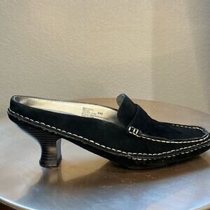 Bass Black Suede Mules with White Stitching